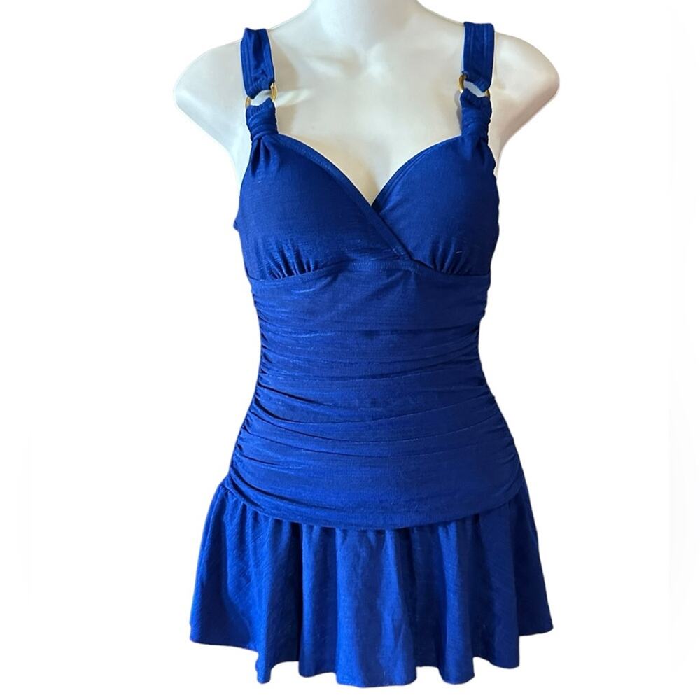 White Stag Women’s Medium (8/10) Royal Blue Swimsuit w Gold Trim & Ruched Waist
